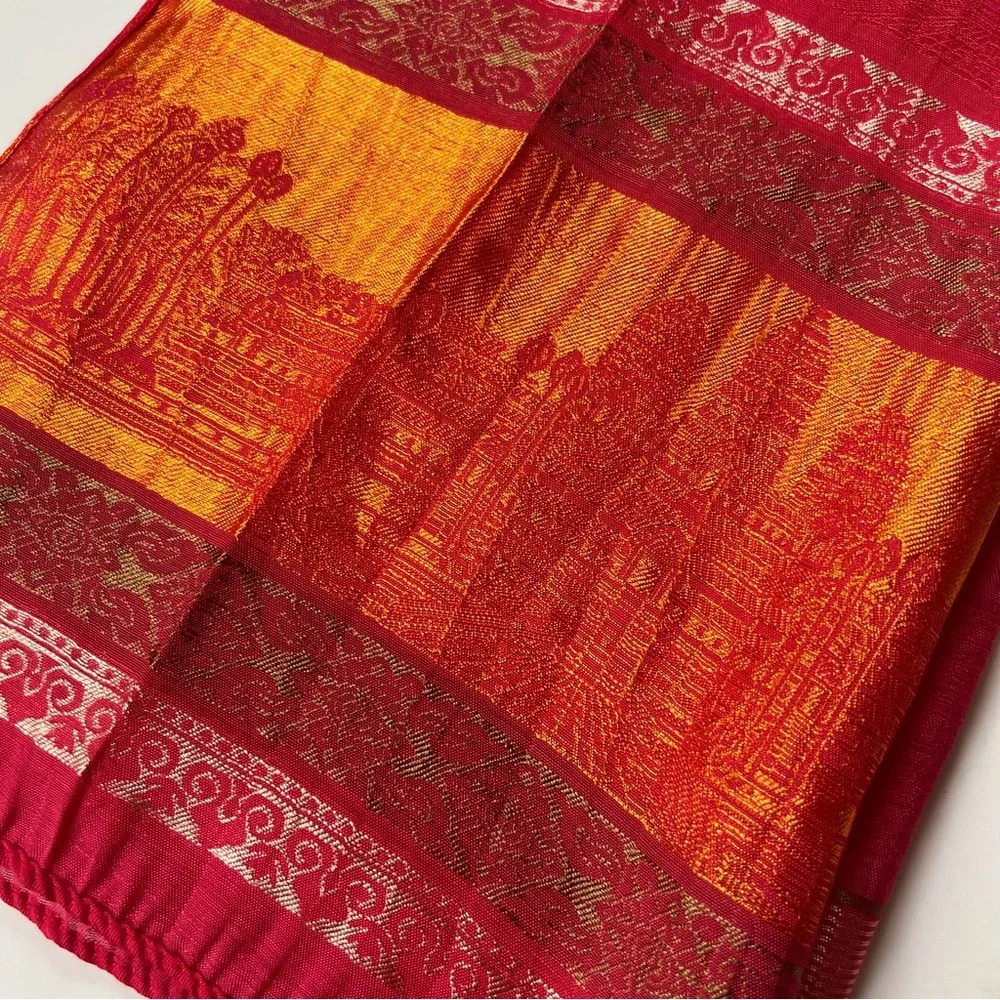 Silk Scarf Lightweight Moroccan India Design Damask Red Gold Orange - Picture 2 of 9